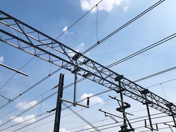 Low angle view of electricity pylon against sky