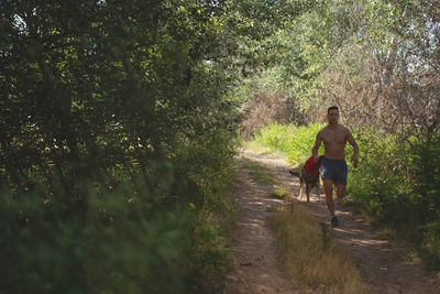 Rear view of man walking on footpath amidst trees