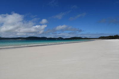 Scenic view of beach against blue sky