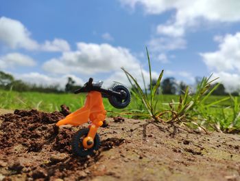 Rear view of man riding push scooter on field against sky