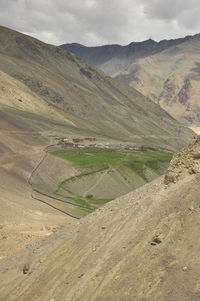 Beautiful view of a tiny village which located in dry mountains on the way of darcha-padum, ladakh