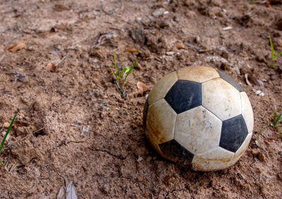 High angle view of soccer ball on field