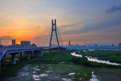 Suspension bridge over river against sky during sunset