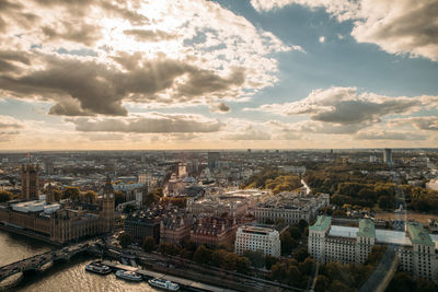 High angle view of city against cloudy sky