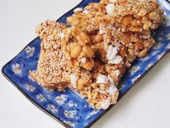 Directly above shot of protein bars in plate