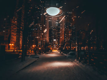 Illuminated street lights amidst buildings in city at night