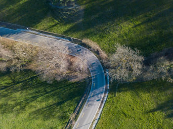 High angle view of road amidst trees on field