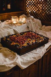 High angle view of pizza on table at home