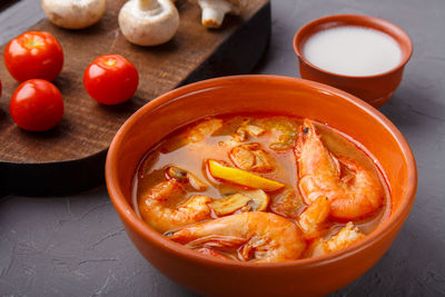 High angle view of soup in bowl on table