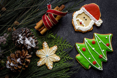 High angle view of christmas decorations on tree