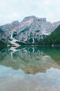 Scenic view of lake by mountains against sky