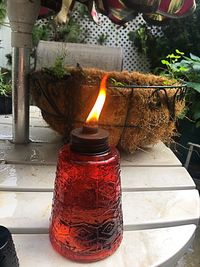 Close-up of candles on table