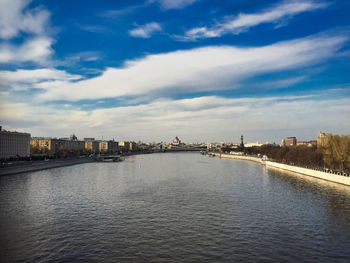 View of river and buildings against sky