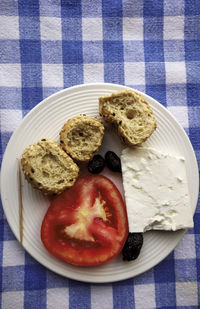 High angle view of breakfast served on table