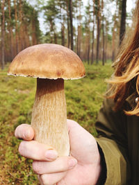 Close-up of hand holding mushroom growing in forest