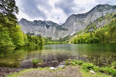 Scenic view of lake and mountains against sky