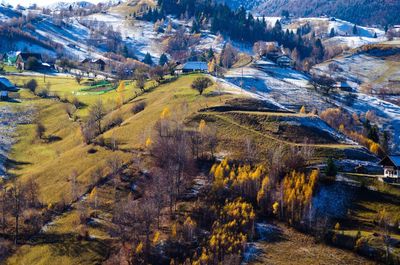 High angle view of farm against sky