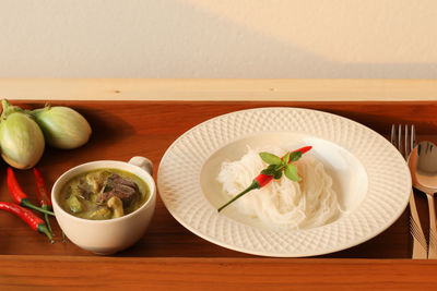High angle view of food in plate on table
