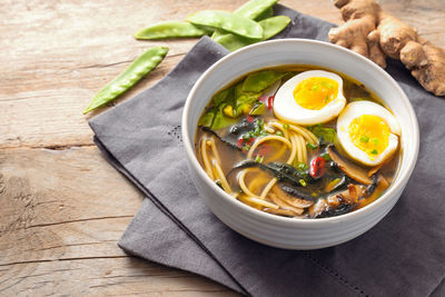 High angle view of soup in bowl on table