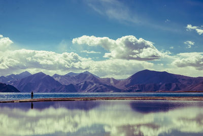 Scenic view of lake against cloudy sky