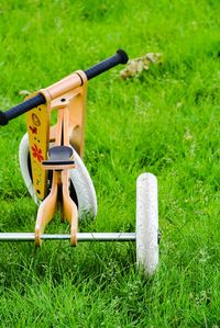 Cropped tricycle on grassland