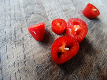 High angle view of chopped fruits on table