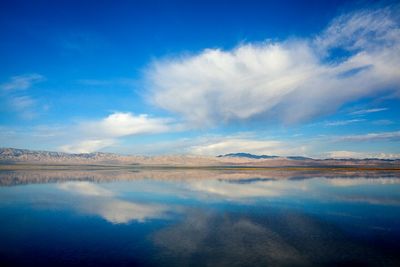 Scenic view of calm lake against cloudy sky