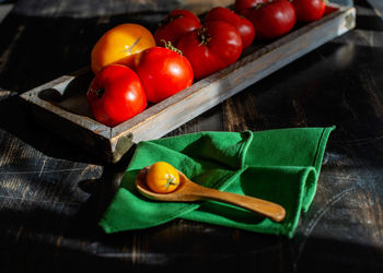 High angle view of tomatoes on table