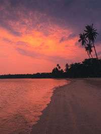 Scenic tropical beach with coconut tree against sunset twilight sky. koh mak island, trat, thailand.