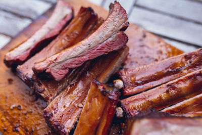 Close-up of meat on barbecue grill