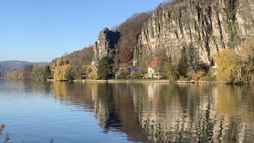 Scenic view of lake by buildings against sky