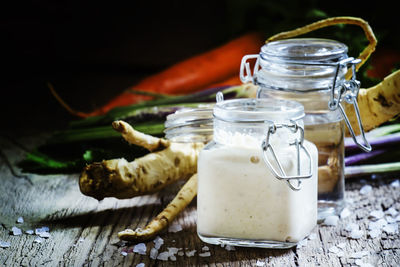 Close-up of ice cream in jar on table