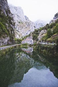 Camarmeña hydroelectric plant. reflections in the water on a summer day