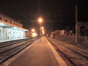 Railroad station platform at night