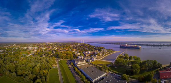 High angle view of bay against sky