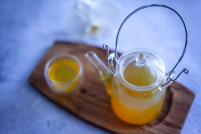 High angle view of tea cup on table
