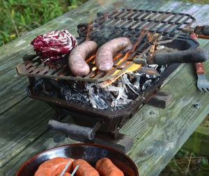 Hibachi tabletop grill on picnic table, flames, brats, radicchio, italian sausages