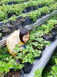 Portrait of girl standing against plants