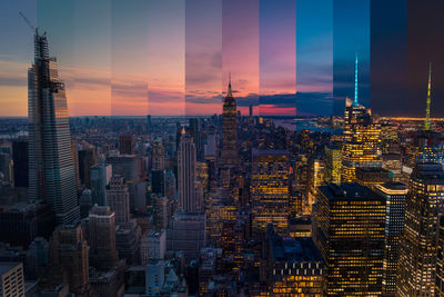 Aerial view of buildings in city at sunset