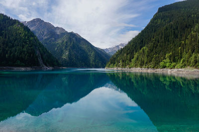 Scenic view of lake and mountains against sky