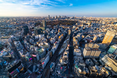 High angle view of modern buildings in city