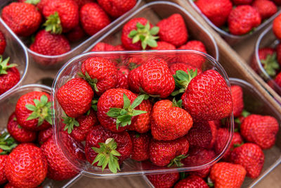 High angle view of strawberries in basket