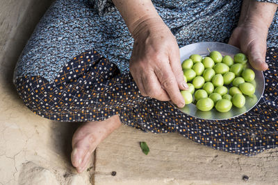 Woman's hand holding a steel plate of green plums