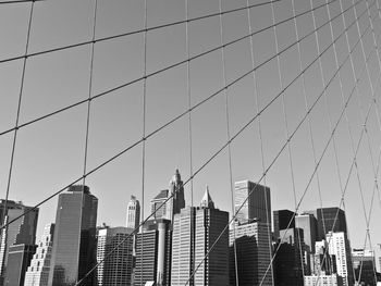 Low angle view of tall buildings against clear sky