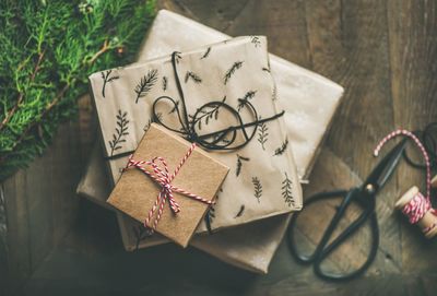 High angle view of christmas decorations on table