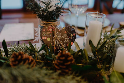 Close-up of christmas decorations on table