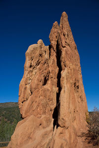 Low angle view of rock formation against clear blue sky