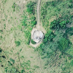 Directly above shot of built structure on field