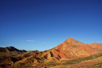 Scenic view of mountains against clear blue sky