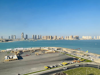 Panoramic view of city by sea against clear sky